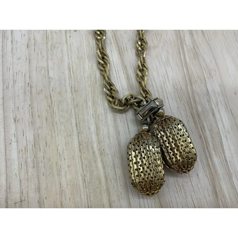 Gold Tone Necklace Rope Chain Double Oval Mesh Pendant Statement 30 In Women VTG